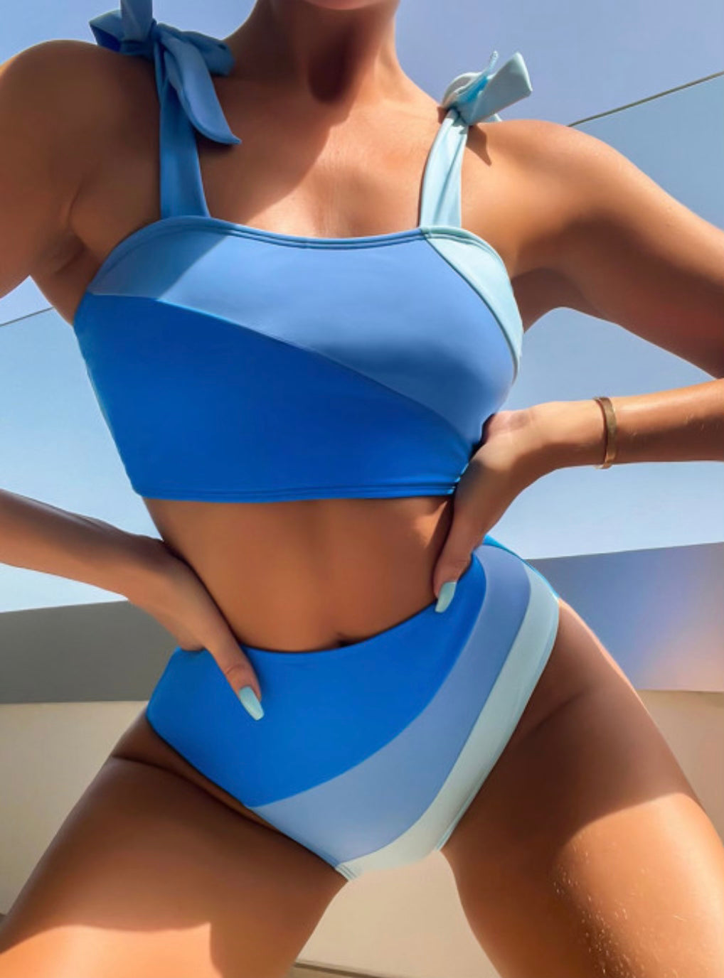 Beach Breeze Ombre Blue Shoulder Tie Two Piece Bikini