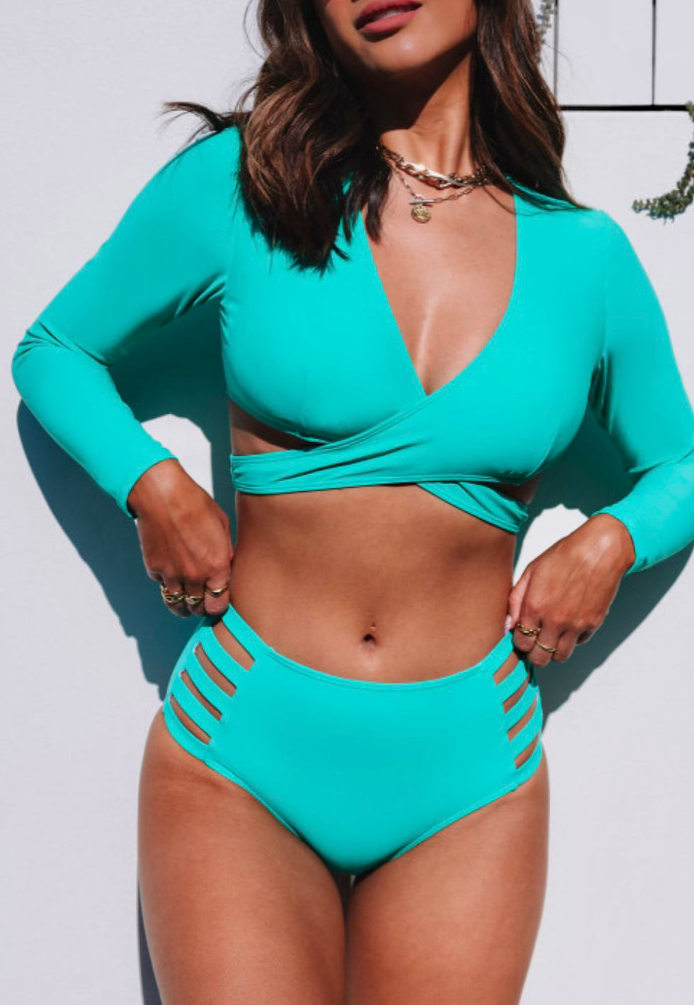 Tell Me More Teal Wrap Long Sleeve Two Piece Swimsuit – Pierre Cle'a