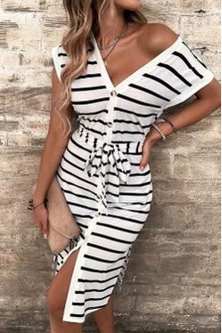 Irreplaceable Striped Slit V-neck Dress